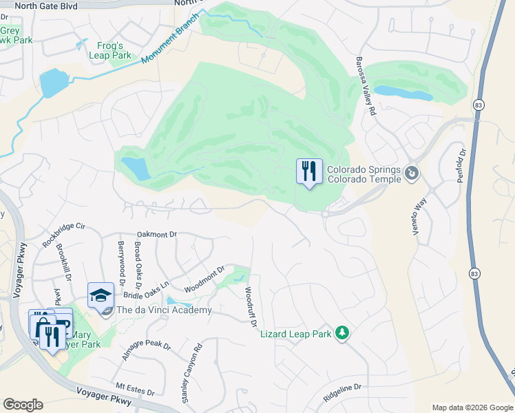map of restaurants, bars, coffee shops, grocery stores, and more near 1664 Vine Cliff Heights in Colorado Springs