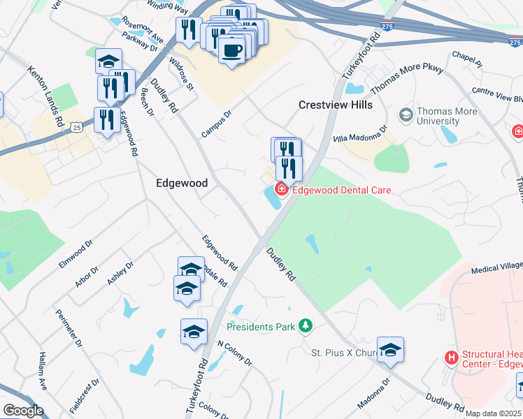 map of restaurants, bars, coffee shops, grocery stores, and more near 2950 Foltz Drive in Edgewood