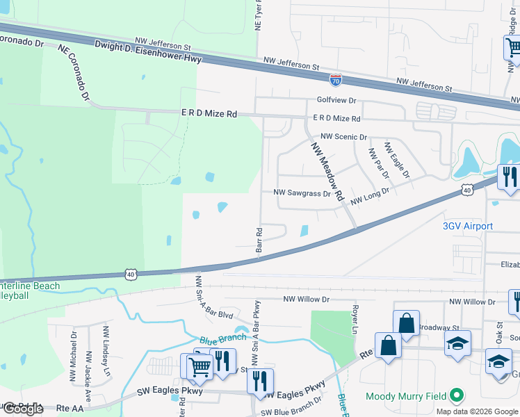 map of restaurants, bars, coffee shops, grocery stores, and more near 157 Barr Road in Grain Valley