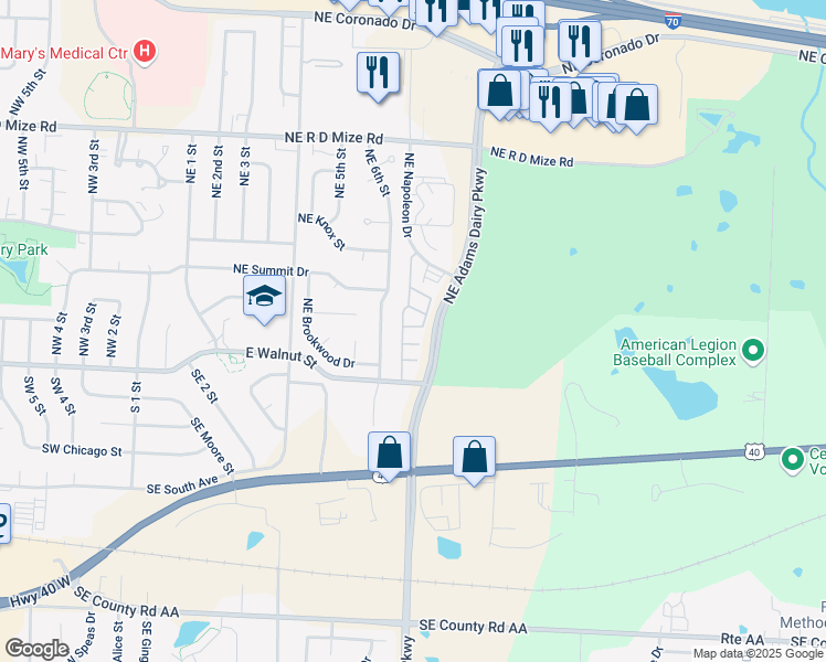 map of restaurants, bars, coffee shops, grocery stores, and more near 311 Northeast Adams Dairy Parkway in Blue Springs