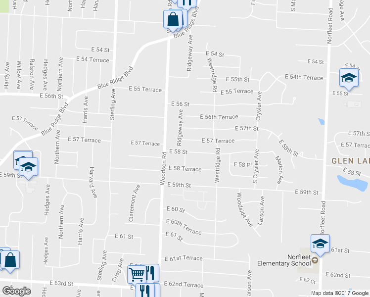 map of restaurants, bars, coffee shops, grocery stores, and more near 11801 East 57 Terrace in Kansas City