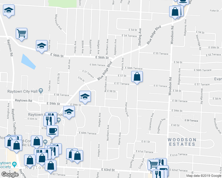 map of restaurants, bars, coffee shops, grocery stores, and more near 10801 East 57 Terrace in Raytown