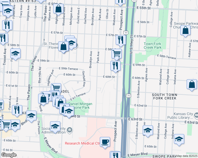 map of restaurants, bars, coffee shops, grocery stores, and more near 2323 East 60th Street in Kansas City