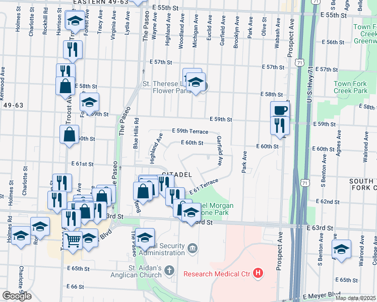 map of restaurants, bars, coffee shops, grocery stores, and more near 1802 East 60th Street in Kansas City