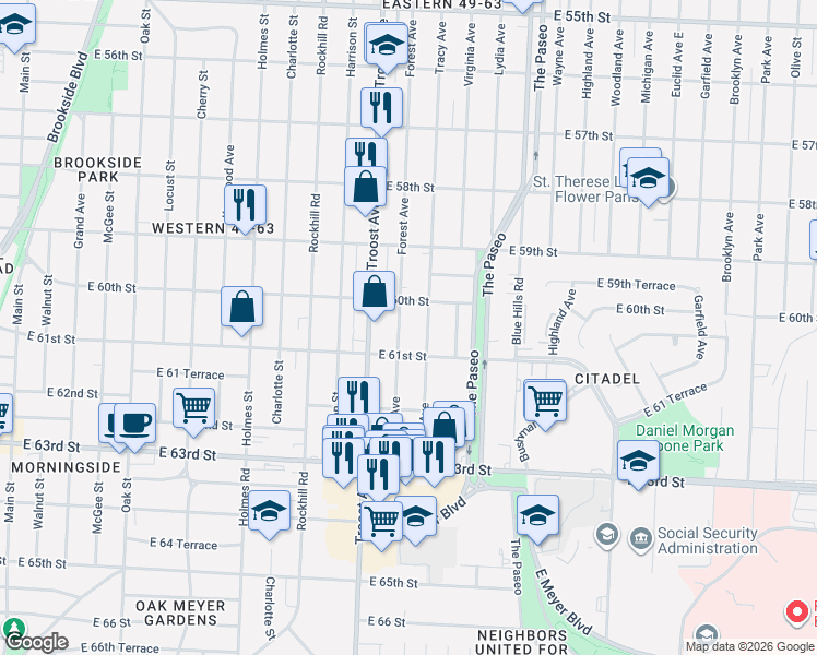 map of restaurants, bars, coffee shops, grocery stores, and more near 6004 Forest Avenue in Kansas City