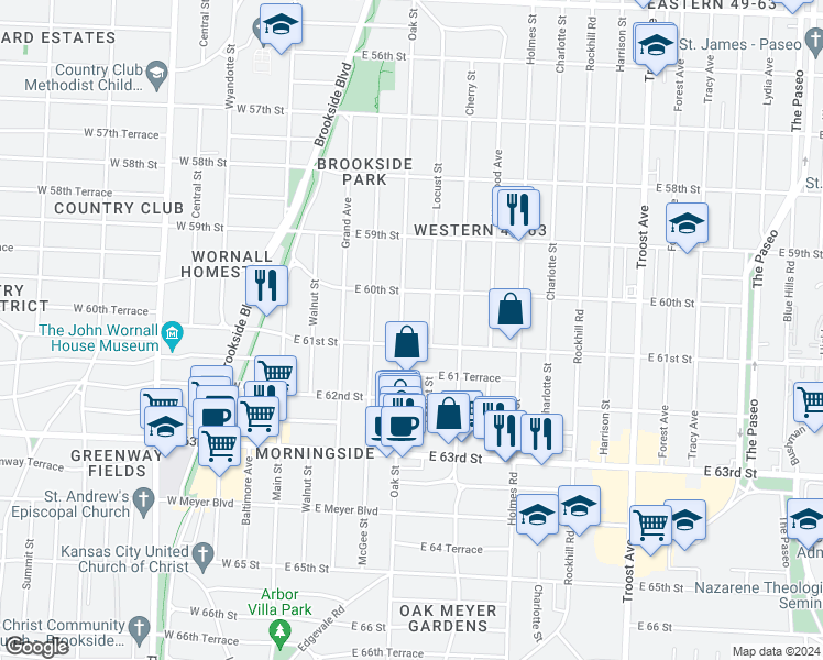 map of restaurants, bars, coffee shops, grocery stores, and more near 6012 Locust Street in Kansas City