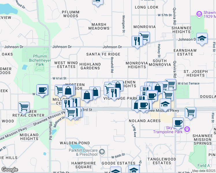 map of restaurants, bars, coffee shops, grocery stores, and more near 12715 West 61st Street in Shawnee
