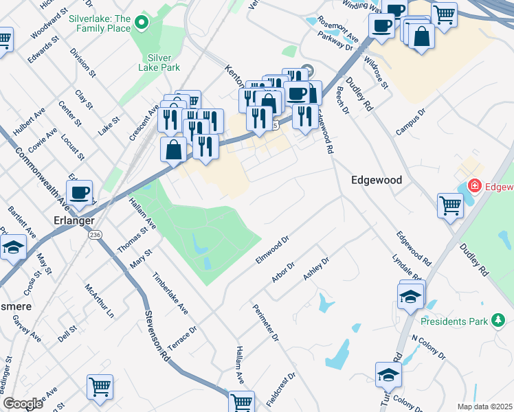 map of restaurants, bars, coffee shops, grocery stores, and more near 3074 Lyndale Court in Edgewood