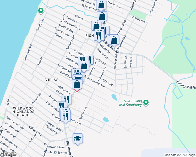 map of restaurants, bars, coffee shops, grocery stores, and more near 16 Alexander Avenue in Villas