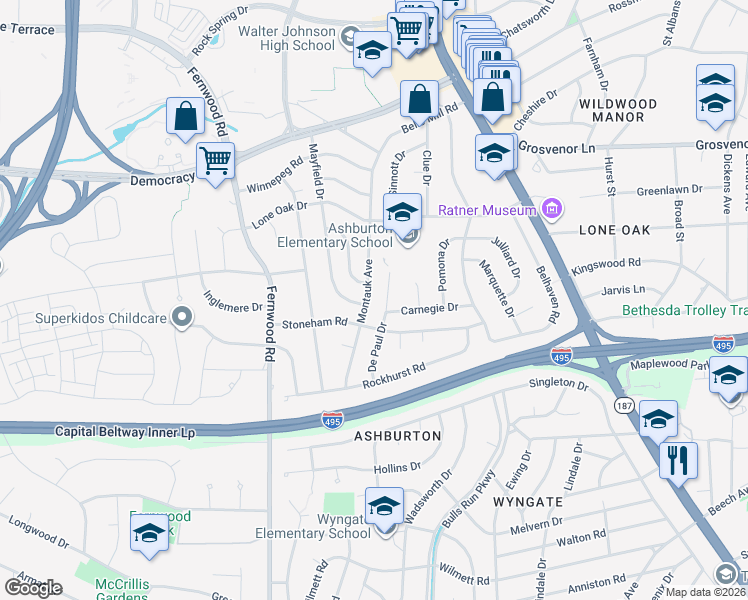 map of restaurants, bars, coffee shops, grocery stores, and more near 9811 Montauk Avenue in Bethesda