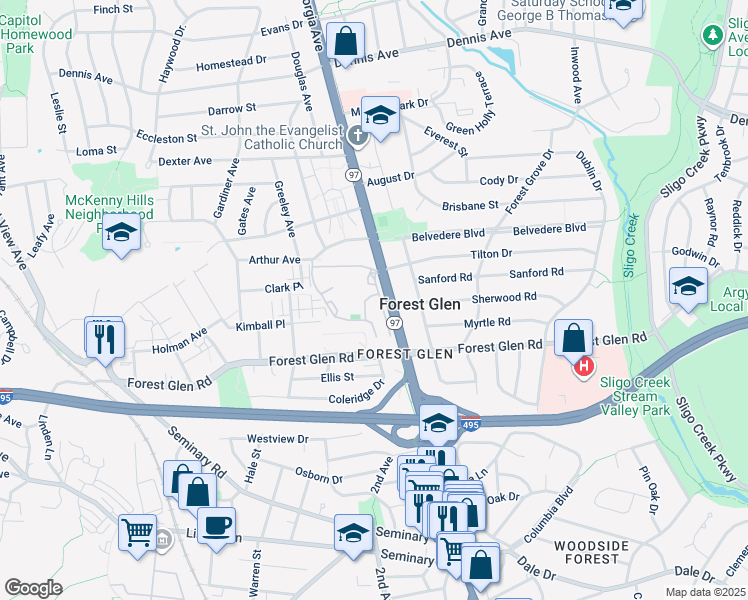 map of restaurants, bars, coffee shops, grocery stores, and more near 2004 Coleridge Drive in Silver Spring