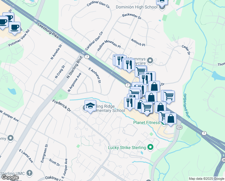 map of restaurants, bars, coffee shops, grocery stores, and more near 613 East Charlotte Street in Sterling