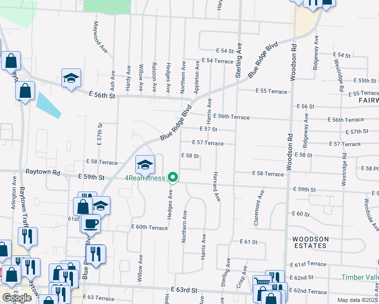map of restaurants, bars, coffee shops, grocery stores, and more near 10801 East 57 Terrace in Raytown