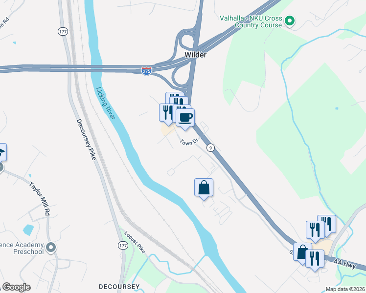 map of restaurants, bars, coffee shops, grocery stores, and more near 1125-1157 Town Dr in Newport