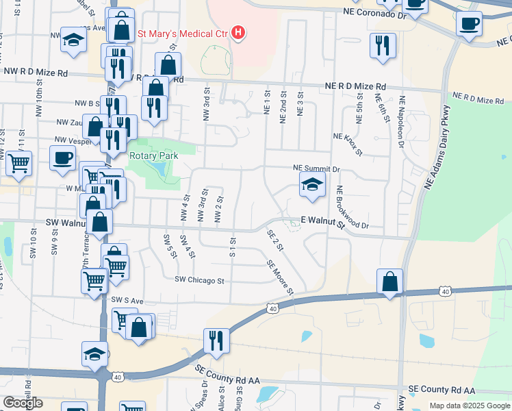 map of restaurants, bars, coffee shops, grocery stores, and more near 310 Southeast 1st Street Terrace in Blue Springs