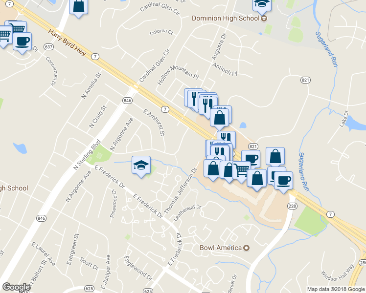 map of restaurants, bars, coffee shops, grocery stores, and more near 613 East Charlotte Street in Sterling