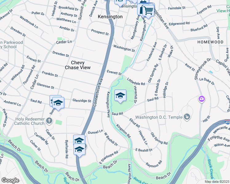 map of restaurants, bars, coffee shops, grocery stores, and more near 3620 Littledale Road in Kensington