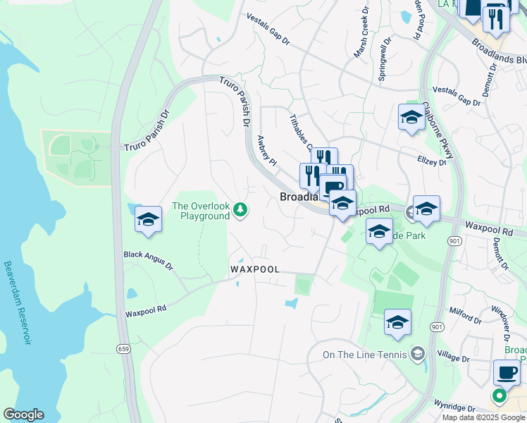map of restaurants, bars, coffee shops, grocery stores, and more near 42747 Hollowind Court in Broadlands