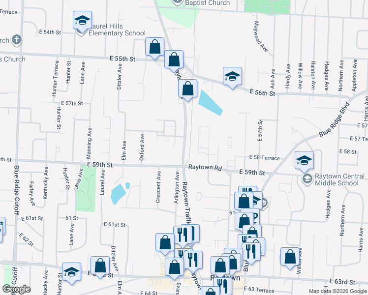 map of restaurants, bars, coffee shops, grocery stores, and more near Raytown Road in Raytown