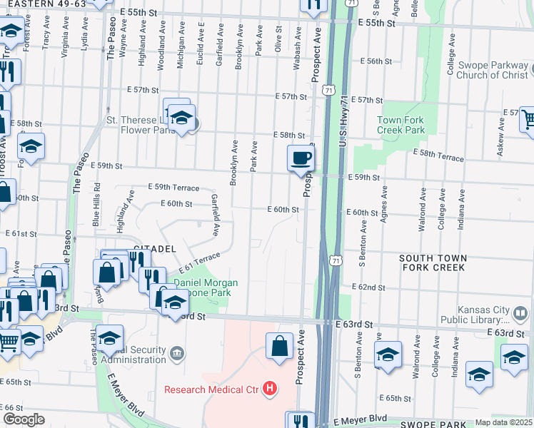 map of restaurants, bars, coffee shops, grocery stores, and more near 2323 East 60th Street in Kansas City