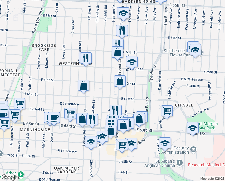 map of restaurants, bars, coffee shops, grocery stores, and more near 6011 Harrison Street in Kansas City