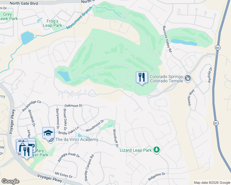 map of restaurants, bars, coffee shops, grocery stores, and more near 1725 Vine Cliff Heights in Colorado Springs