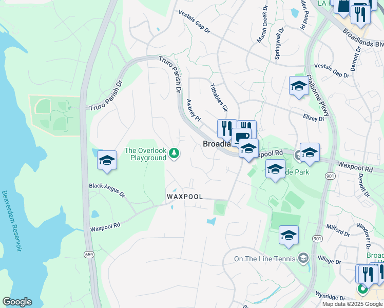 map of restaurants, bars, coffee shops, grocery stores, and more near 42747 Hollowind Court in Broadlands