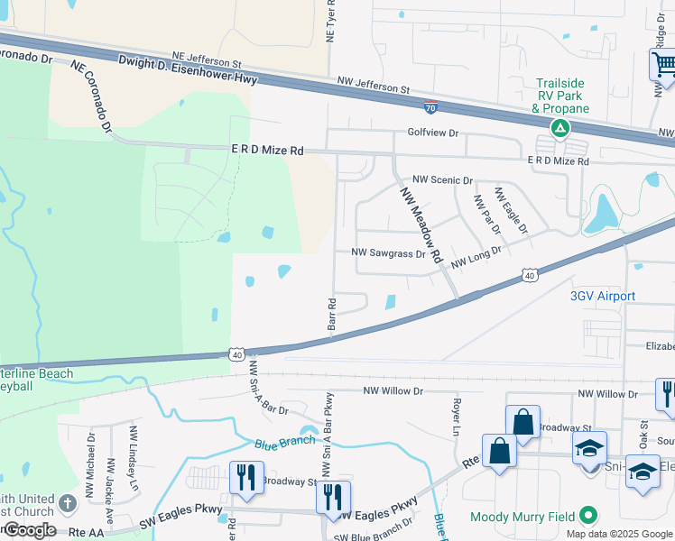 map of restaurants, bars, coffee shops, grocery stores, and more near 157 Barr Road in Grain Valley