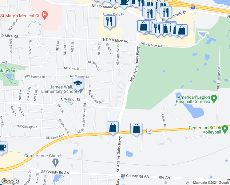 map of restaurants, bars, coffee shops, grocery stores, and more near 315 Northeast Adams Dairy Parkway in Blue Springs