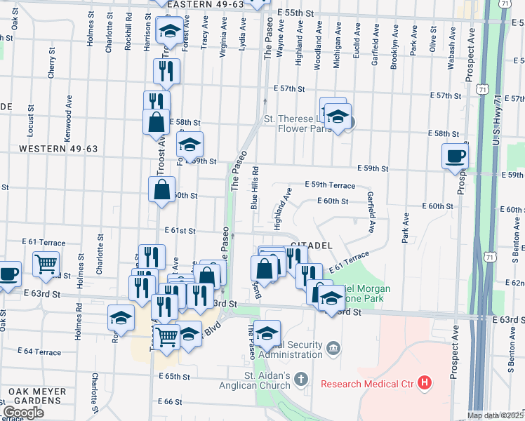 map of restaurants, bars, coffee shops, grocery stores, and more near 1555 East 59th Terrace in Kansas City