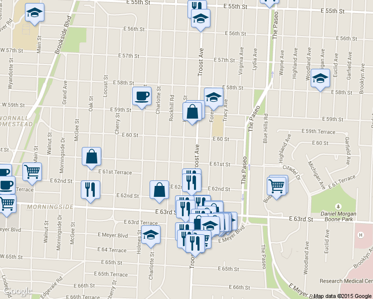 map of restaurants, bars, coffee shops, grocery stores, and more near 6011 Harrison Street in Kansas City