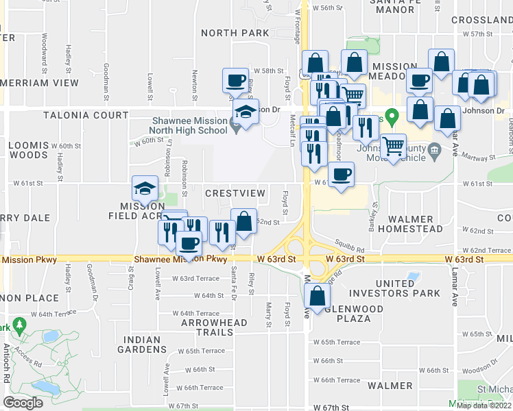 map of restaurants, bars, coffee shops, grocery stores, and more near 6345 Floyd Street in Overland Park