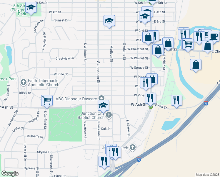 map of restaurants, bars, coffee shops, grocery stores, and more near 400 West Elm Street in Junction City