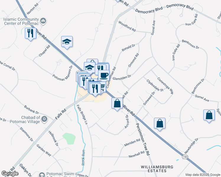 map of restaurants, bars, coffee shops, grocery stores, and more near 10033 River Road in Potomac