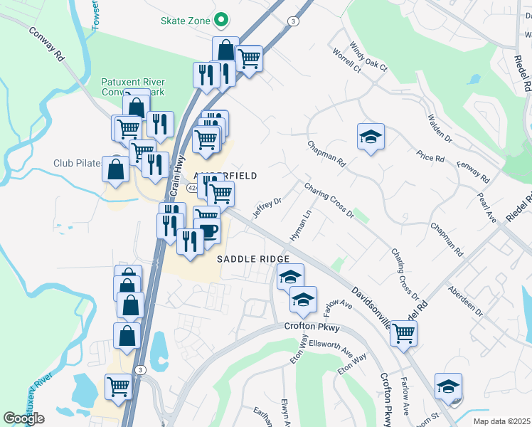 map of restaurants, bars, coffee shops, grocery stores, and more near 1177 Jeffrey Drive in Crofton