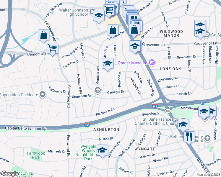 map of restaurants, bars, coffee shops, grocery stores, and more near 9902 Carnegie Terrace in Bethesda