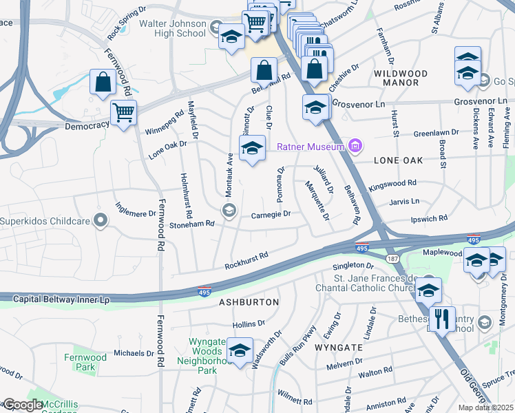 map of restaurants, bars, coffee shops, grocery stores, and more near 9902 Carnegie Terrace in Bethesda