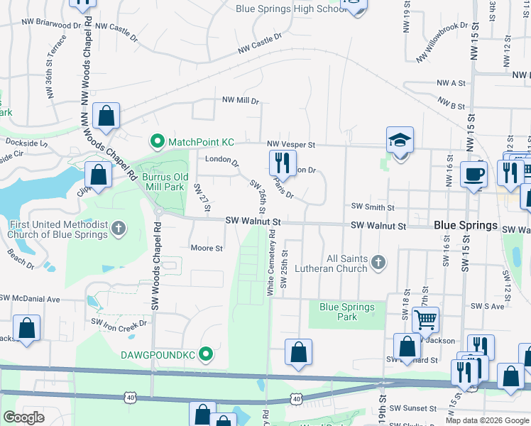 map of restaurants, bars, coffee shops, grocery stores, and more near 2500 Southwest Paris Drive in Blue Springs