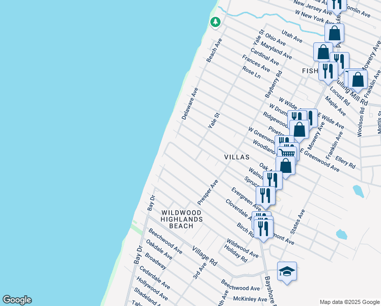map of restaurants, bars, coffee shops, grocery stores, and more near 341 Evergreen Avenue in Villas