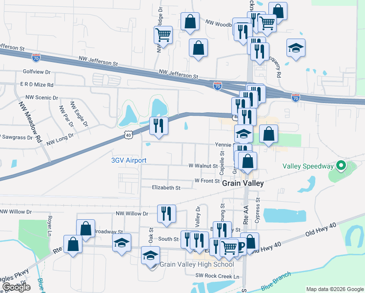 map of restaurants, bars, coffee shops, grocery stores, and more near 611C Yennie Street in Grain Valley