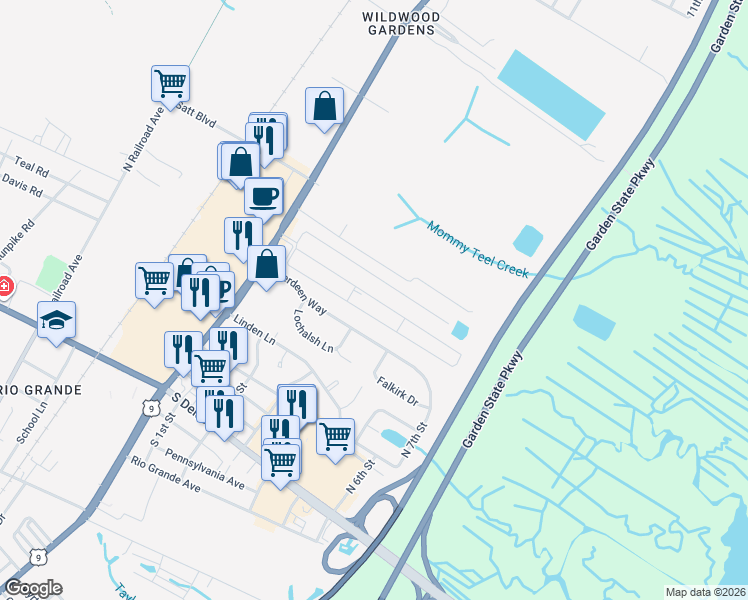 map of restaurants, bars, coffee shops, grocery stores, and more near 301 Grande Boulevard in Middle Township