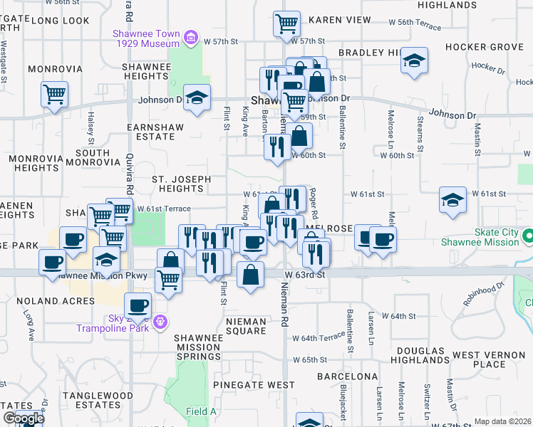 map of restaurants, bars, coffee shops, grocery stores, and more near 6129 Barton Avenue in Shawnee