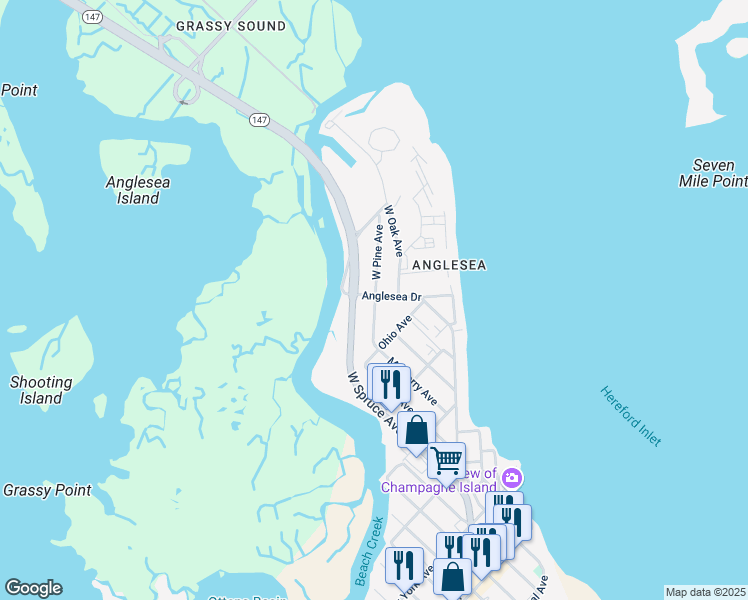 map of restaurants, bars, coffee shops, grocery stores, and more near 706 Allen Drive in North Wildwood