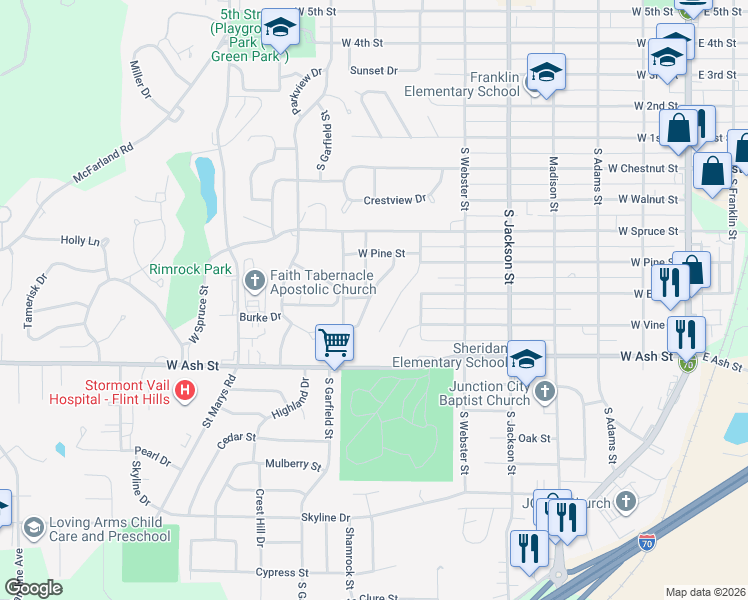 map of restaurants, bars, coffee shops, grocery stores, and more near 526 Sheridan Drive in Junction City