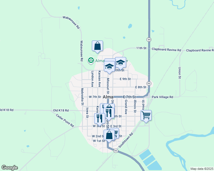 map of restaurants, bars, coffee shops, grocery stores, and more near 801 Missouri Street in Alma