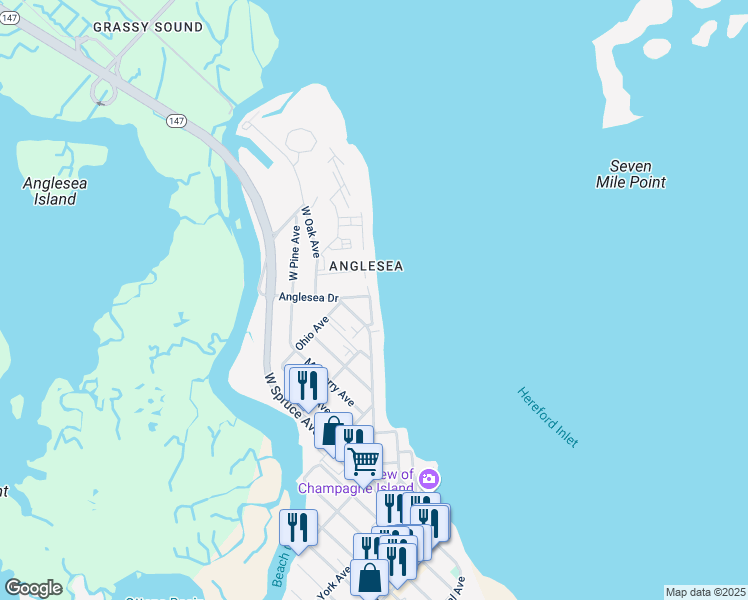 map of restaurants, bars, coffee shops, grocery stores, and more near in North Wildwood