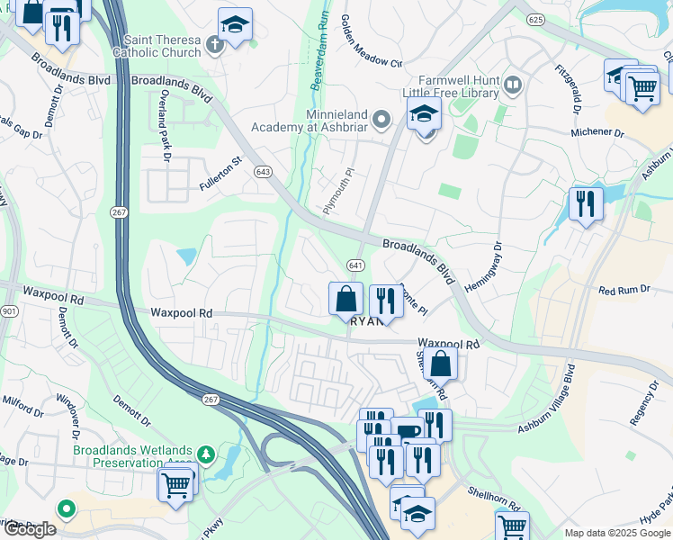 map of restaurants, bars, coffee shops, grocery stores, and more near 21674 Kings Crossing Terrace in Ashburn