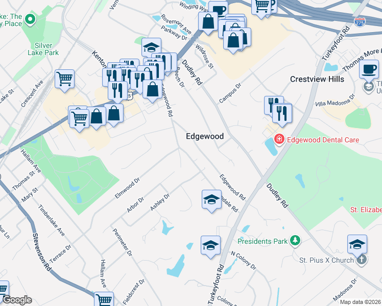 map of restaurants, bars, coffee shops, grocery stores, and more near 18 Lyndale Road in Edgewood