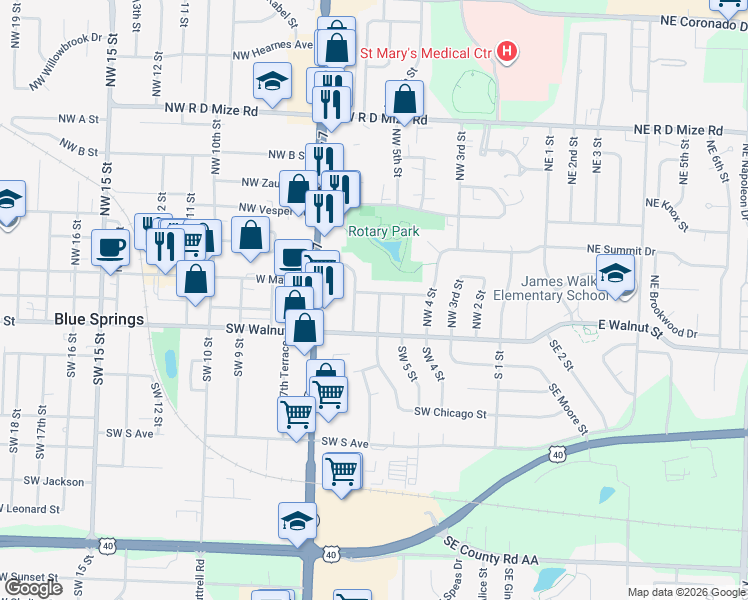 map of restaurants, bars, coffee shops, grocery stores, and more near 601 Northwest Lakeview Road in Blue Springs