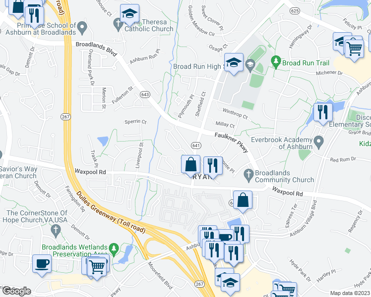 map of restaurants, bars, coffee shops, grocery stores, and more near 21674 Kings Crossing Terrace in Ashburn